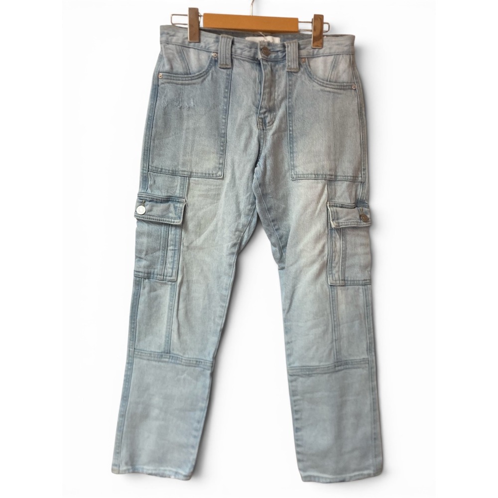 KanCan Light Wash Cargo Jeans High Rise Straight‎ Leg Frayed Hem Size 3/25